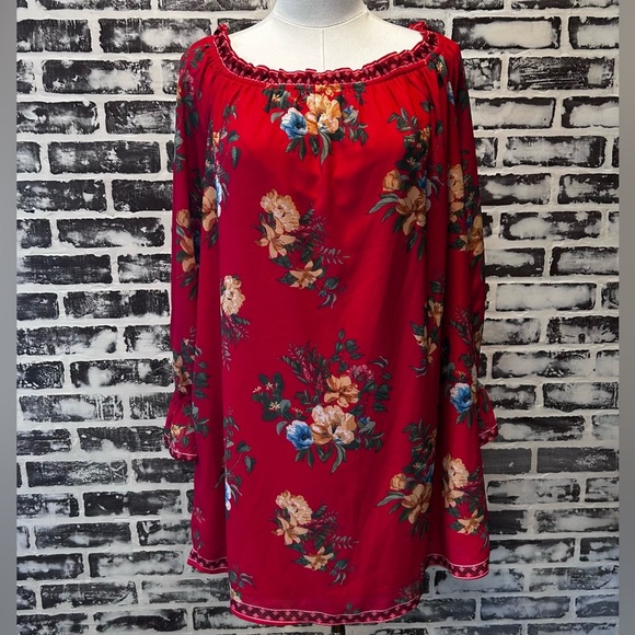 Flying Tomato Boho Chic Red Floral Off Shoulder Ruffled Bell Sleeve Dress Size L - Picture 4 of 9